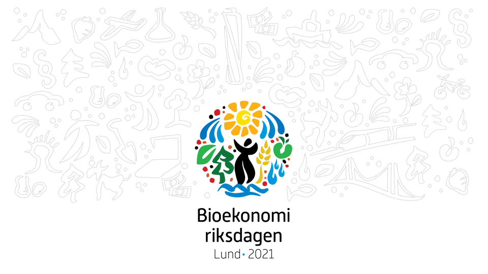 Logo with surrounding symbols in white.